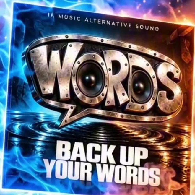 Copertina originale Back Up Your Words, scritte metalliche su vinile illuminato in blu e arancione